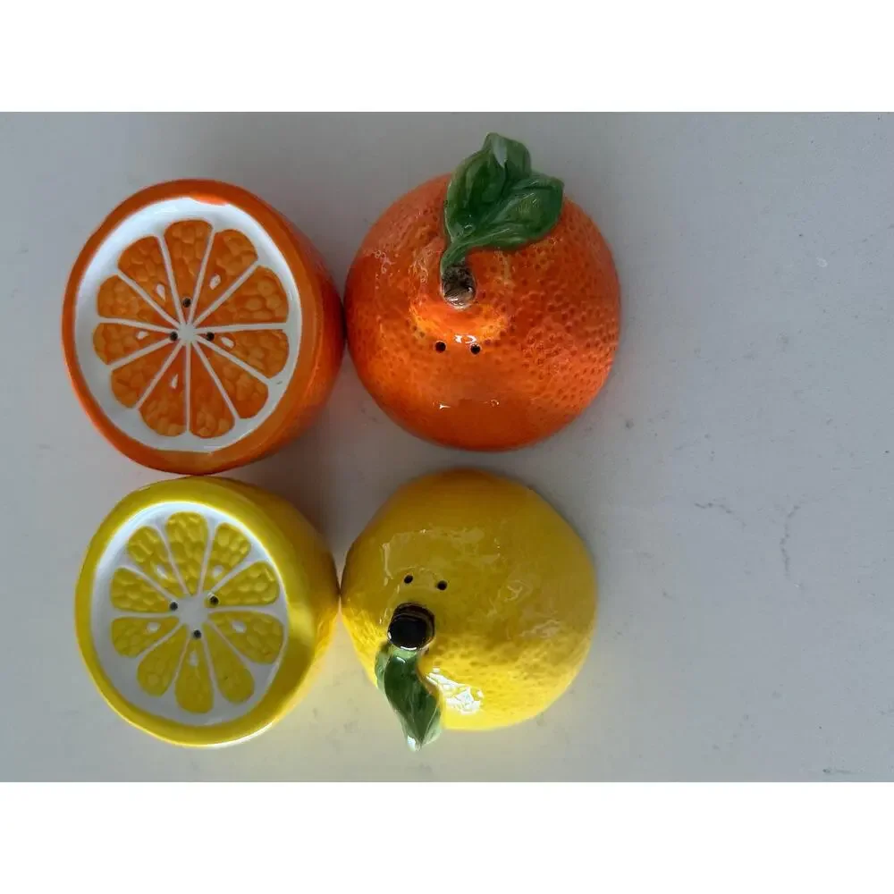 Vintage Ceramic Citrus Salt Pepper Shakers Set, Lemon Orange Kitchen Decor